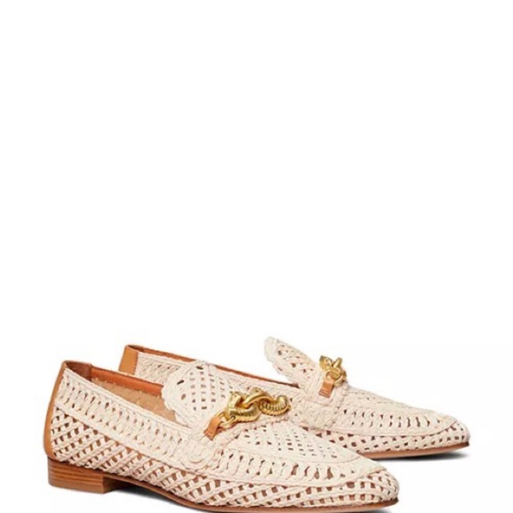 Tory Burch JESSA ~Woven Shoes RAFFIA LOAFER NATURAL/ELBA CAMELLO/GOLD